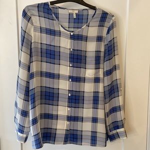 Joie 100% silk collarless button down plaid shirt size M